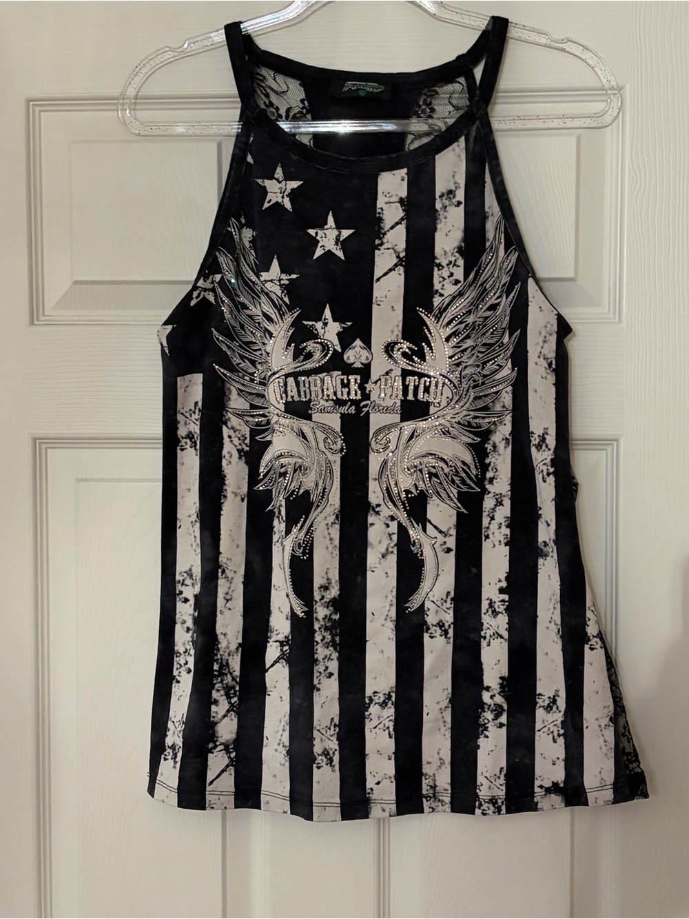 Cabbage Patch Biker Babe Style sleeveless Black Top with rhinestone bling detail